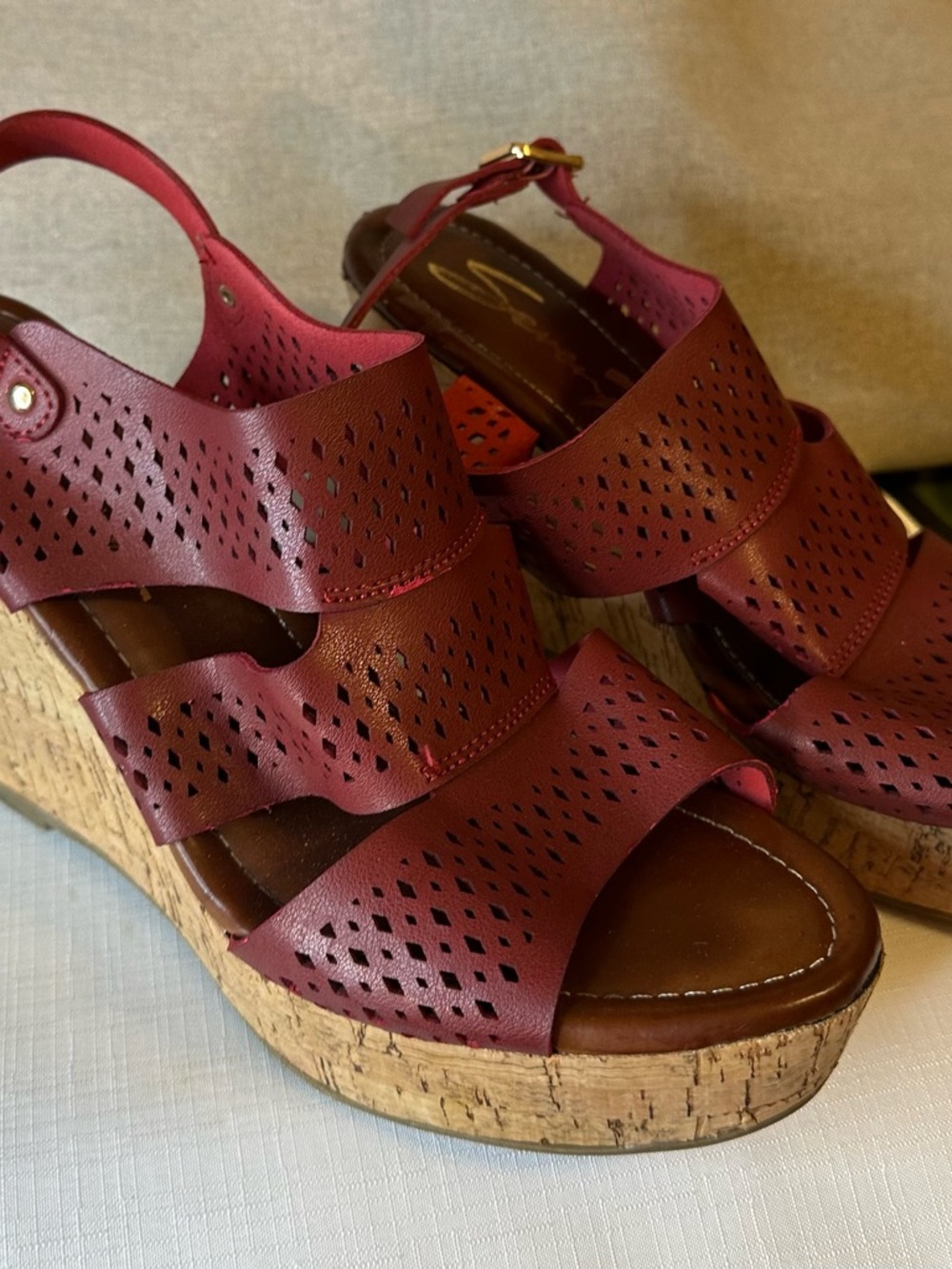 Seven7 Perforated Burgundy Slingback Wedge Sandals